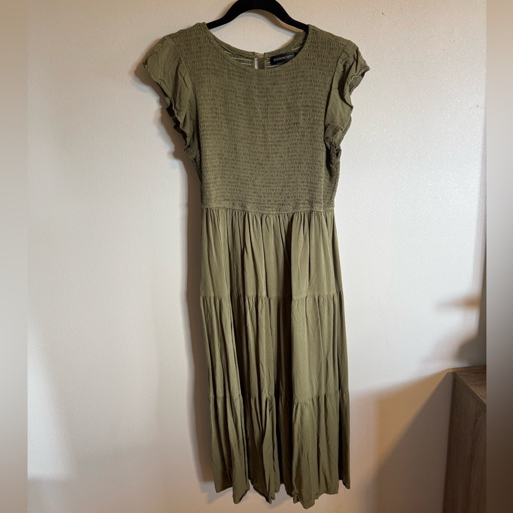 Olive Green Ruffle Sleeve Dress